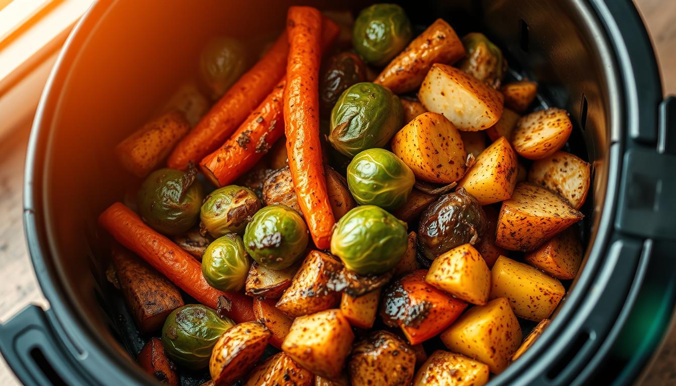 A delicious plate of crispy air fryer roasted vegetables, including carrots, bell peppers, broccoli, and zucchini, served with a side of tzatziki sauce on a rustic wooden plate.